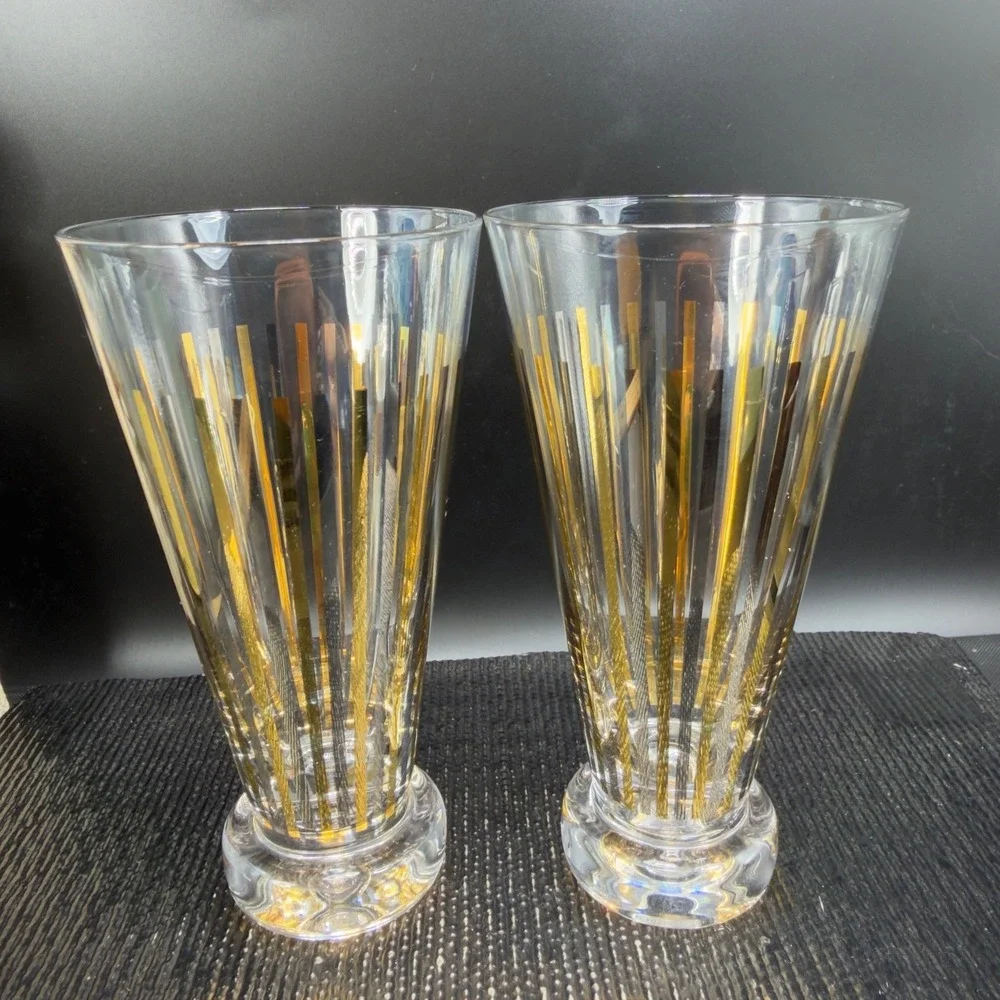 Vintage Mid Century Gold Silver Striped Footed Pilsner Cups Glasses Set of 2 VTG
